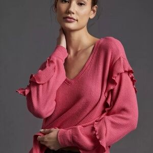ANTHROPOLOGIE PILCRO Pink Waffle Knit Long Sleeve Tee Ruffle Sleeve Detail Sz XL